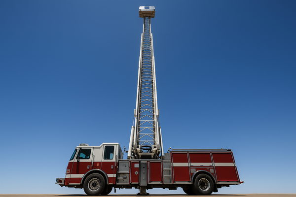 A tall aerial ladder truck extended fully upward against a clear blue Arizona sky, no people visible, shot from ground level