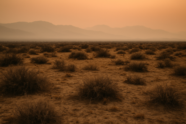 Wide desert landscape at dusk with dry brush in the foreground, distant mountains under a hazy orange sky, no people