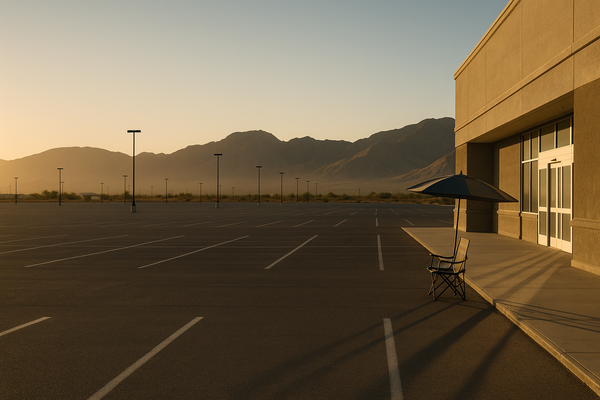 of a large travel-center parking lot at dawn, desert landscape in the background, a lone folding chair and umbrella near a st