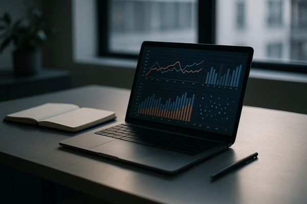 of a modern office desk with a laptop displaying abstract data visualizations, soft natural light, no people