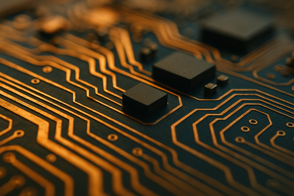 Abstract close-up of a circuit board with warm amber and blue tones, no text, no people, no logos