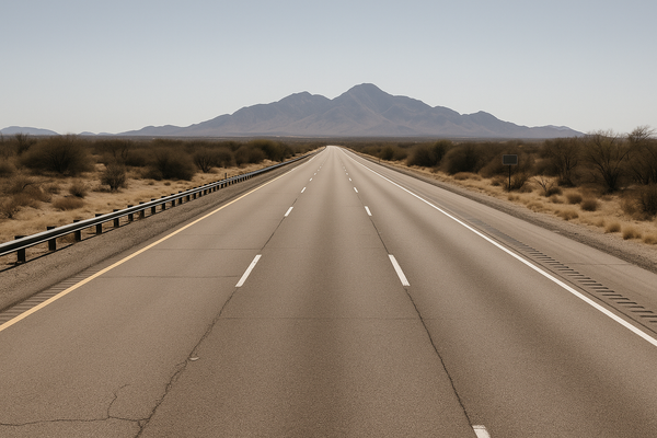 of an empty desert interstate highway at midday, mountains in the distance, no vehicles