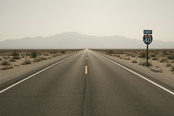 of an empty desert highway stretching toward a distant mountain range under a hazy midday sky, no vehicles, no signage visibl
