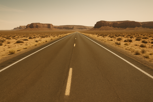 of an empty desert interstate highway at midday, red rock formations in the distance, no vehicles or signage visible