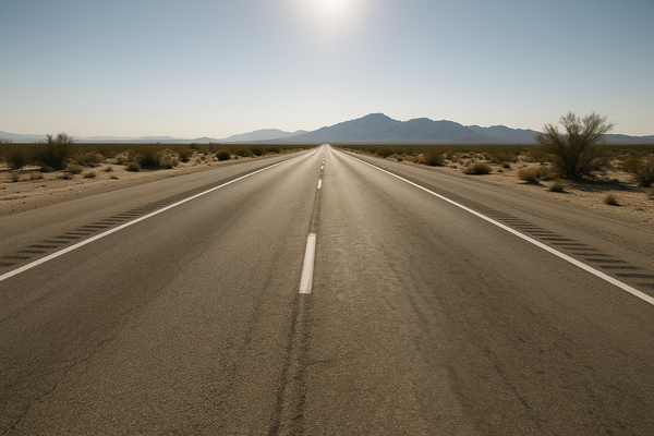 of an empty desert highway stretching toward a distant mountain range at midday, heat shimmer visible on the asphalt