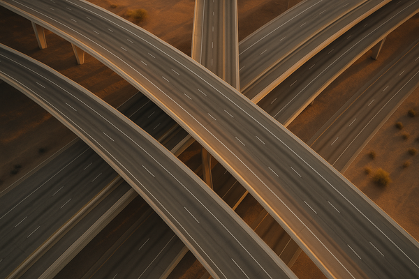 Wide aerial view of a multi-level freeway interchange at dusk, no people, no text, warm desert sky