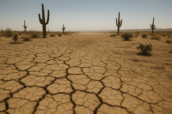 of a dry desert landscape at midday, heat shimmer rising from cracked earth, Sonoran cacti in the foreground, pale blue sky a