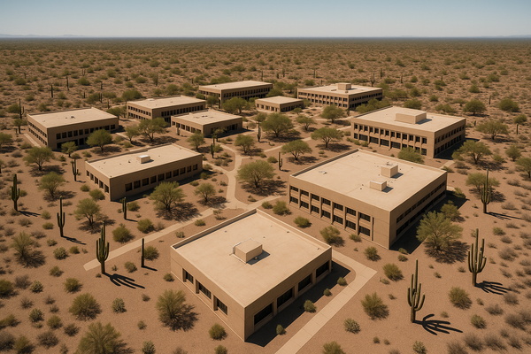 Wide aerial view of a desert county government campus at midday, low-rise buildings surrounded by saguaro cacti and gravel la