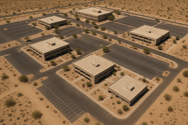 Wide aerial view of a desert county government complex at midday, low-rise buildings surrounded by desert landscaping and par