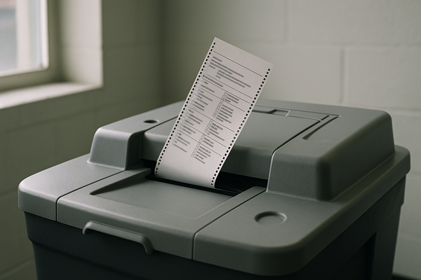 of a paper ballot being fed into a gray tabulation machine, neutral government office setting, no people visible