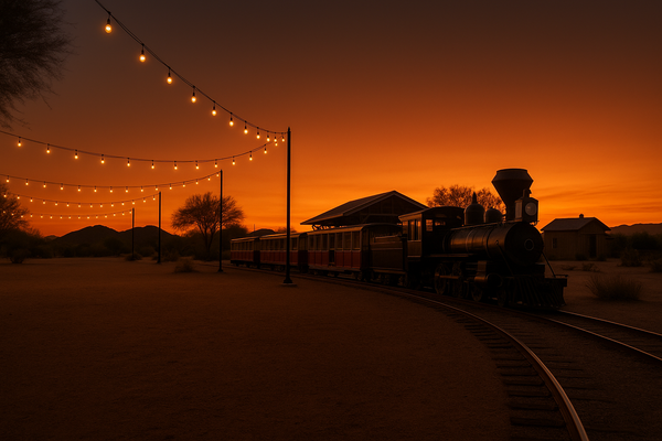 of a desert park at dusk with string lights and a vintage miniature train on tracks, warm golden sky, no people