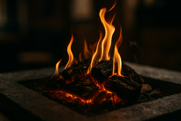 of live-fire cooking over glowing embers on a dark stone surface, no people, warm amber light