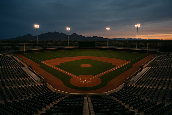 of a baseball diamond at dusk, desert mountains in the background, stadium lights just beginning to glow, no people