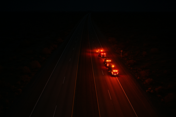Wide aerial view of an empty desert freeway at night, orange emergency lights reflecting off asphalt, no people or signage vi