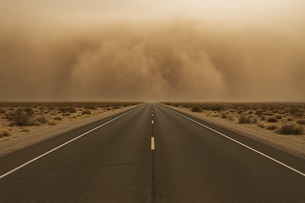 Wide desert highway stretching toward a brown dust wall on the horizon under a hazy Arizona sky, no people, no vehicles