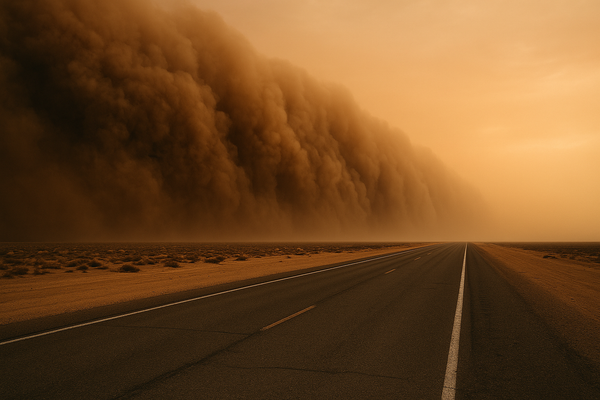 of a brown dust wall rolling across a flat desert highway at late afternoon, hazy orange sky, no people or vehicles visible