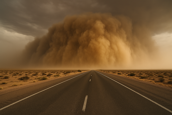 Wide desert landscape at dusk with a towering brown dust wall rolling across a flat Arizona plain, highway in foreground, dra