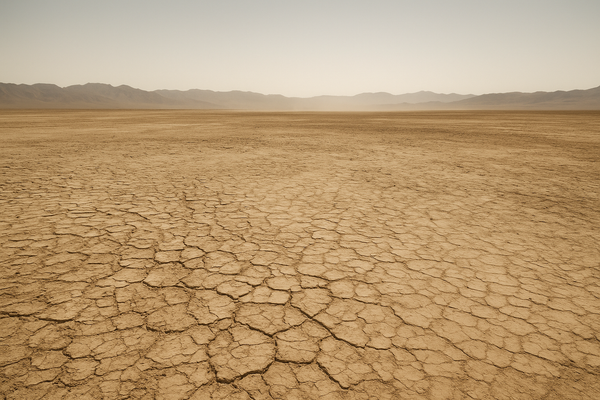 of a sun-bleached desert landscape at midday, heat shimmer rising from cracked earth, cloudless pale sky, no people