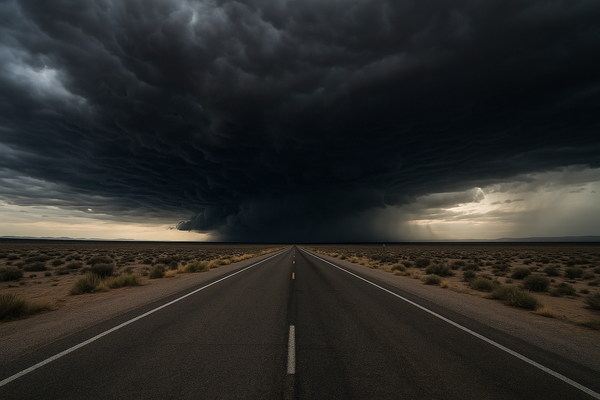 Dark storm clouds rolling over a flat desert highway at dusk, no people, no text