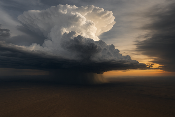 Wide aerial view of a dark monsoon storm cell over a flat desert valley at late afternoon, dramatic cloud formations, warm go