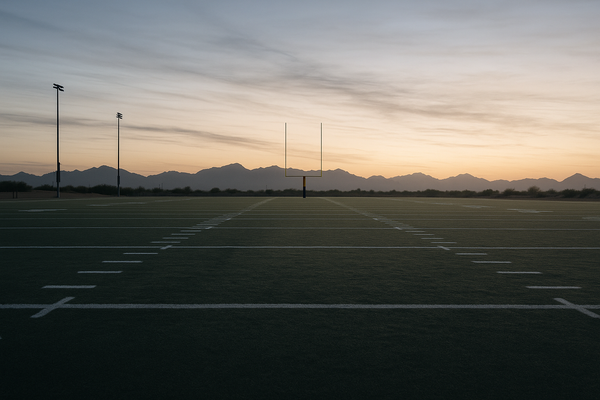 of an empty NFL practice field at dawn, goal posts visible in the distance, desert mountains on the horizon