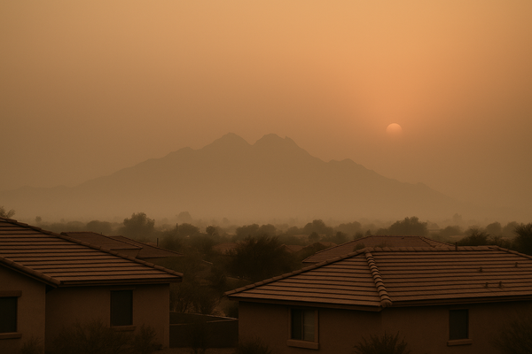 of a hazy desert sky at dusk over a suburban roofline, McDowell Mountains faintly visible through orange-tinged smog, no peop