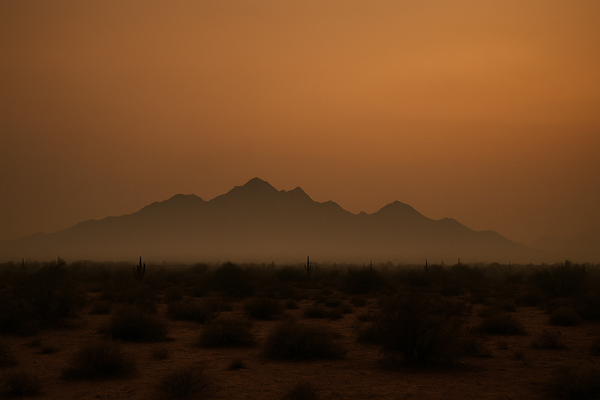 Wide desert sky at dusk over a Sonoran landscape, hazy orange horizon, McDowell Mountains silhouetted in the distance, no peo