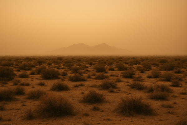 of a hazy desert sky at dusk over a low scrubland landscape, McDowell Mountains faintly visible through orange-tinged smog, n