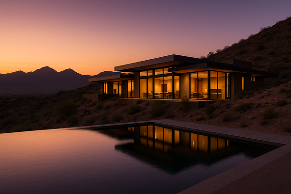 of a contemporary hillside home at dusk, desert landscape, infinity pool reflecting fading sky, McDowell Mountains silhouette
