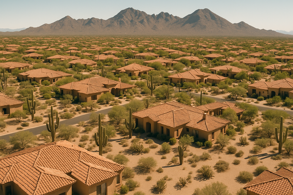 view of a desert residential neighborhood at midday, terracotta rooftops and mature desert landscaping, McDowell Mountains vi