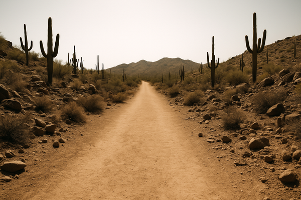 of a desert hiking trail at midday, rocky terrain and saguaro cacti under a bleached white sky, no people, no signage visible