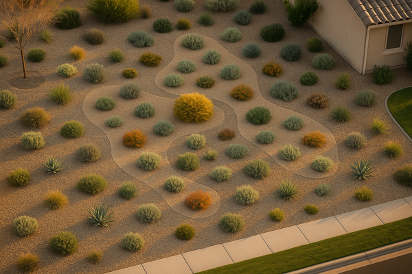 Wide aerial view of a desert xeriscape garden with gravel and drought-tolerant plants at golden hour, no people