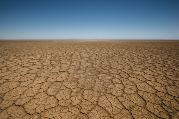 Wide aerial view of a sun-baked desert landscape at midday, heat shimmer rising from cracked earth, cloudless blue sky