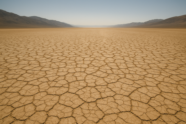 Wide aerial view of a sun-baked desert valley at midday, heat shimmer rising from cracked earth, pale blue sky with no clouds