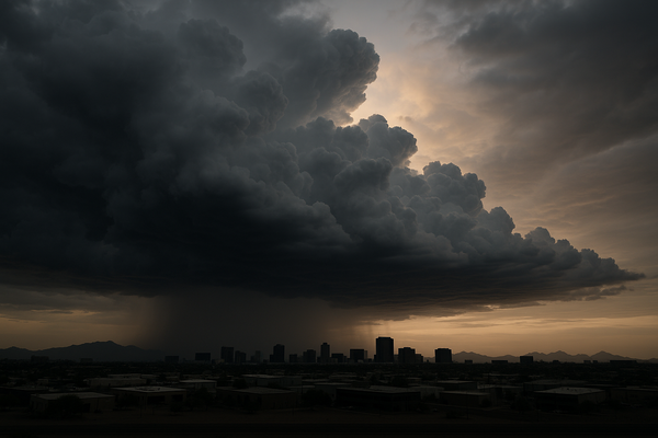 of a dramatic desert sky with dark storm clouds building over a flat urban landscape at dusk, no people