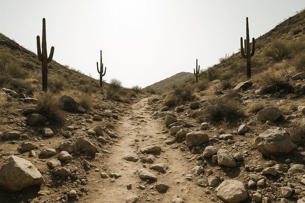 Desert hiking trail at midday, rocky terrain and saguaro cacti under a bright white sky, no people