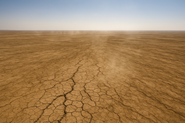 Wide aerial view of a sun-bleached desert landscape at midday, heat shimmer rising from cracked earth, pale blue sky with no