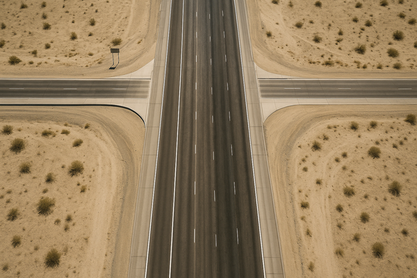 view of an empty desert freeway interchange at midday, heat shimmer rising from asphalt, no vehicles or people visible