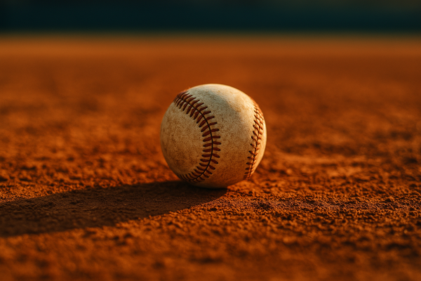 of a baseball resting on red clay infield dirt, late afternoon desert light, no people