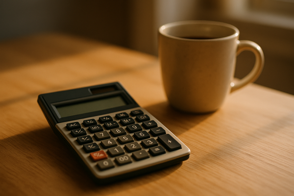 of a calculator resting on a wooden desk beside a coffee mug, warm morning light, no people