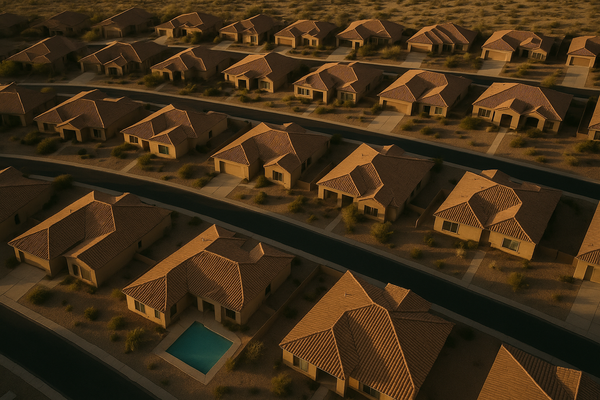 view of a desert residential neighborhood at dusk, terracotta rooftops, pool in backyard, warm evening light, no people