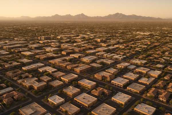 Wide aerial view of a desert city grid at dusk, warm light on low-rise buildings, mountains in the background, no people