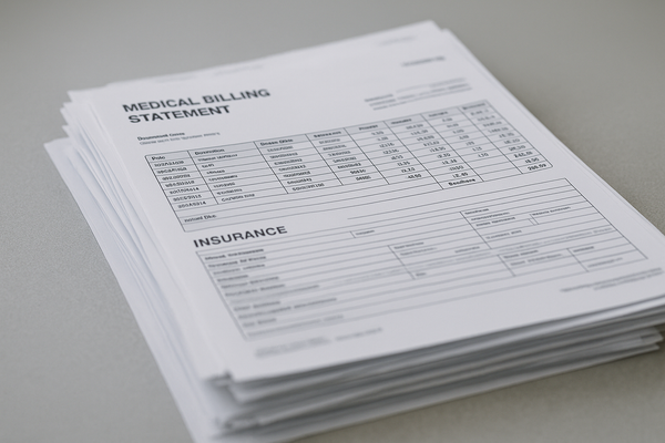 of a stack of medical billing documents on a desk, shallow depth of field, neutral office lighting