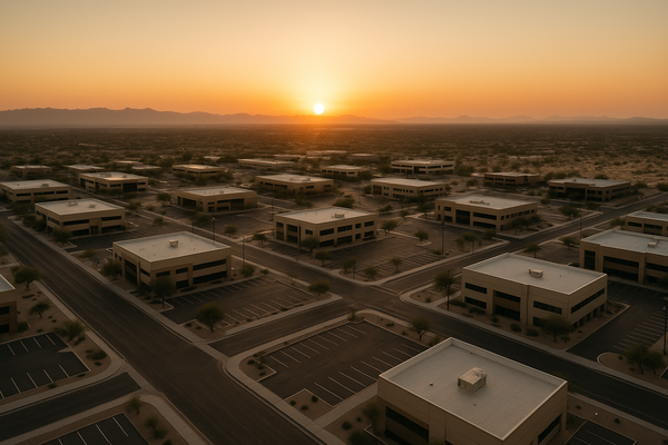 Wide aerial view of a desert Southwest city at dusk, low-rise commercial buildings and empty streets, warm orange sky