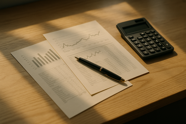 of financial documents and a pen on a clean desk, warm afternoon light, no people