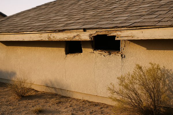 of a weathered roofline with a small gap or hole near the eave, desert landscaping visible below, warm afternoon light