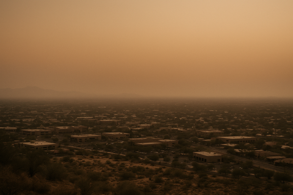 of a hazy desert sky at dusk over a flat urban valley, orange and grey tones, no people, no text