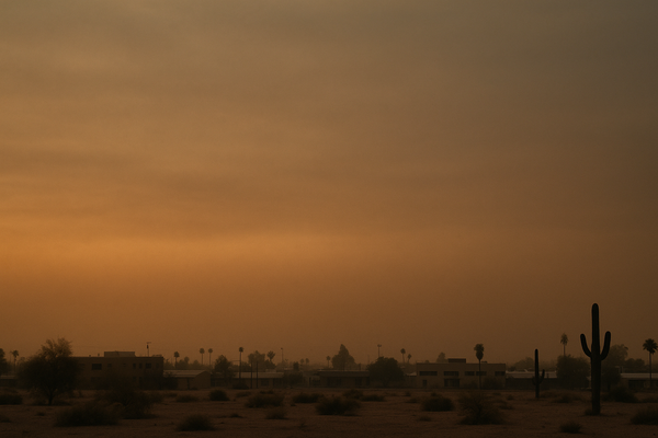 of a hazy desert sky at dusk over a flat urban landscape, orange-tinged horizon, no people