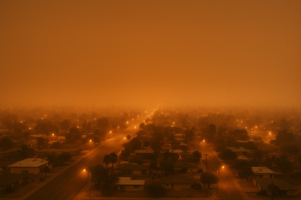 of a hazy desert sky at night over a suburban grid, orange-tinged glow from city lights diffused through particulate haze, no