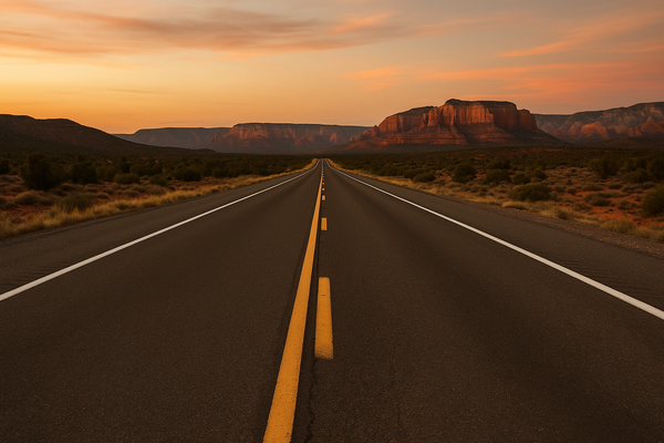 of an empty desert highway at dusk, red rock formations in the distance, no vehicles or people